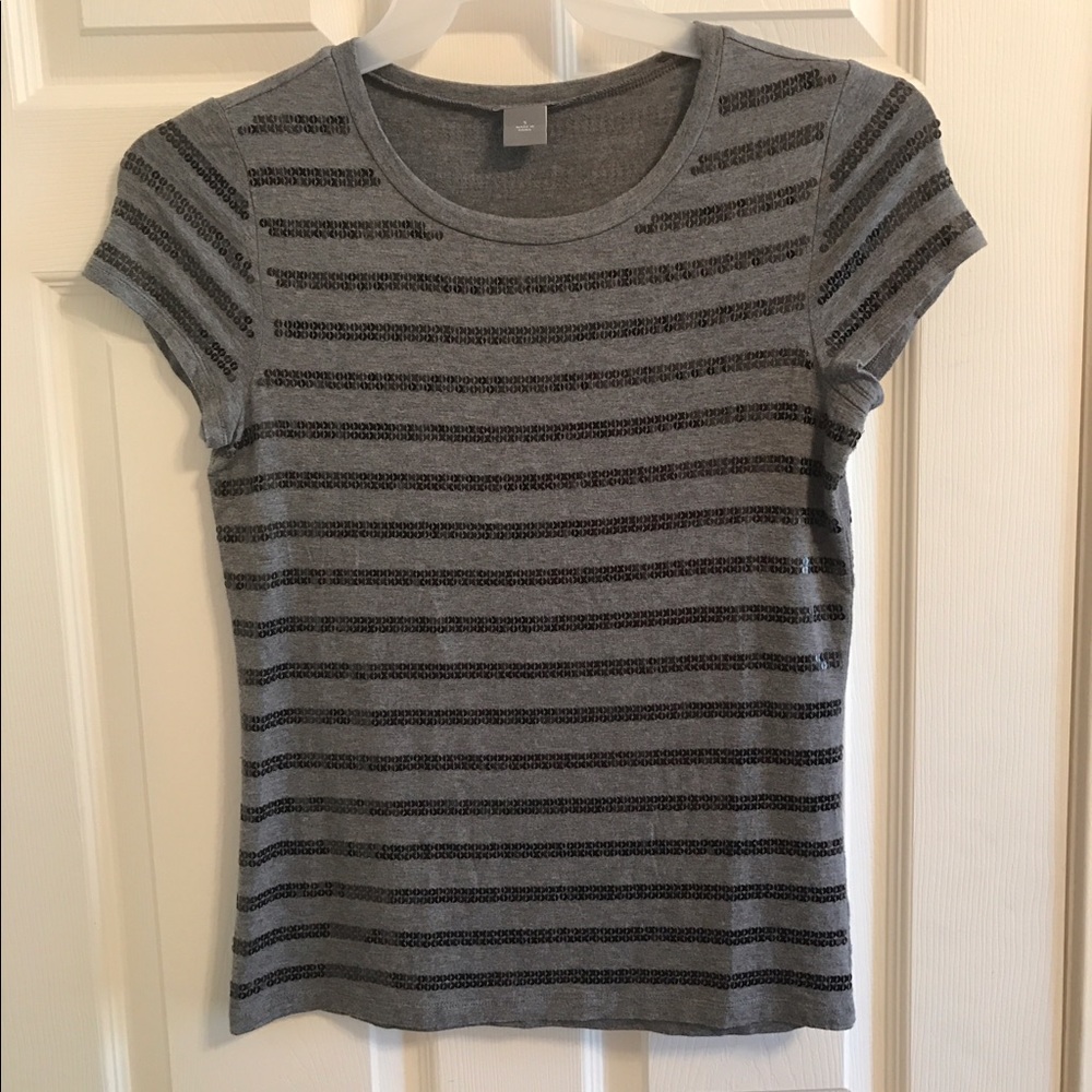 Ann Taylor Gray Sequin Striped Scoop Neck Top Size Small Sparkle Party Holiday